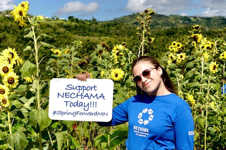 #SpringForwardMN sign being held by volunteer in Nechama shirt in a field of sunflowers